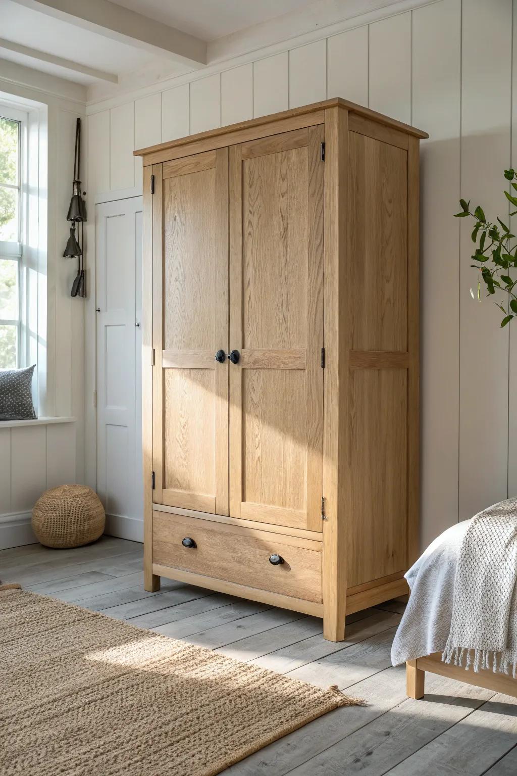 Shaker-style wood fronts: calm lines, warm oak grain, and effortless modern-farmhouse charm.