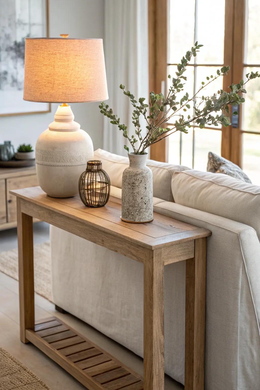 Balanced behind-couch styling: one cozy lamp and one tall vase for effortless height.