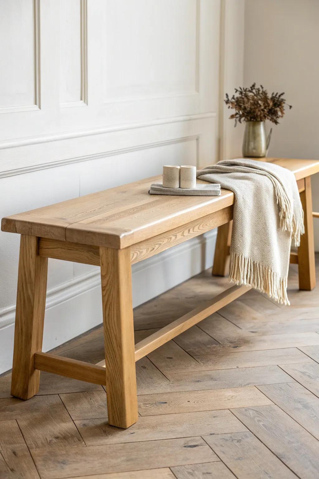 Simple farmhouse dining bench: chunky legs, thick top, and warm wood grain for extra seating.