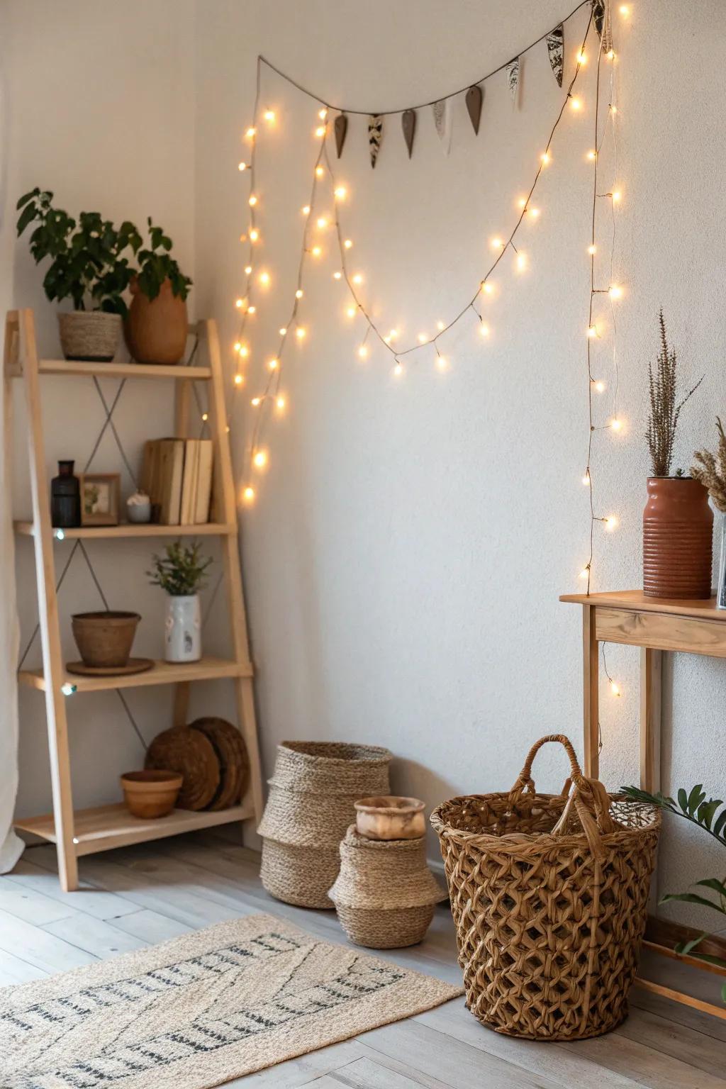 Illuminate your creativity with enchanting string lights for a cozy craft room ambiance.