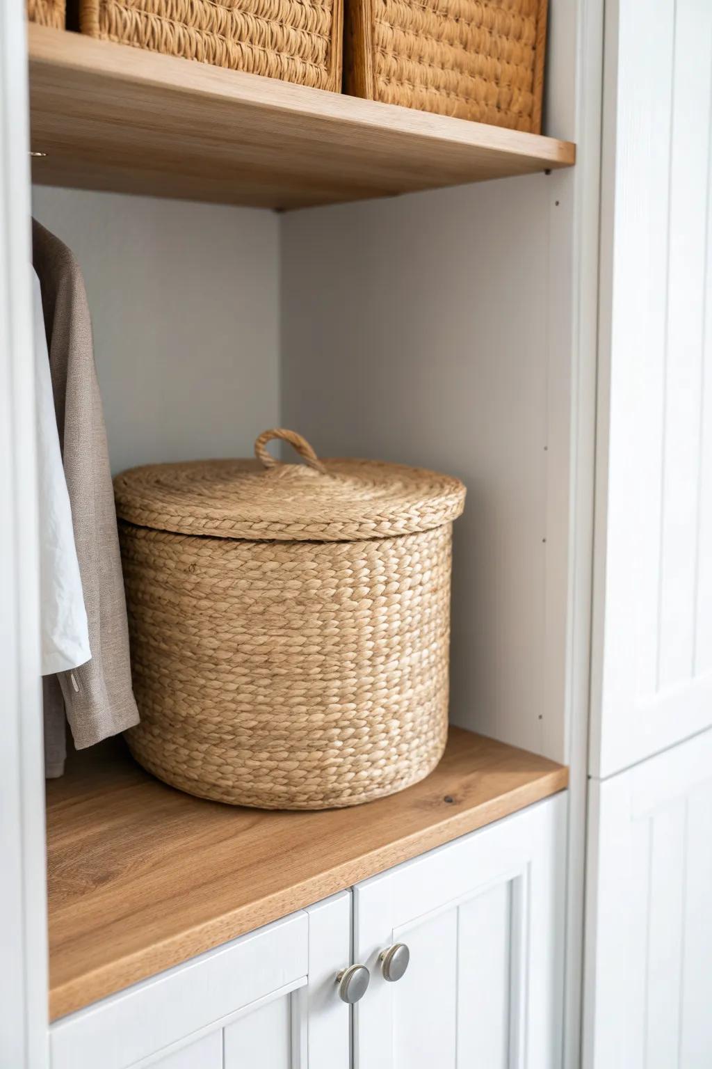 A ceiling-high top shelf keeps seasonal bins tucked away—leaving the everyday zone serene.
