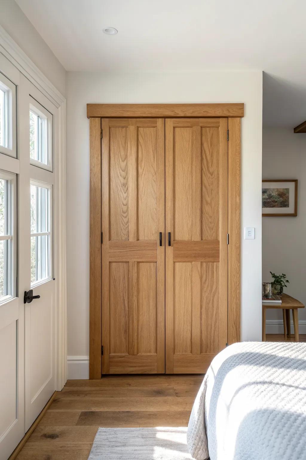 Craftsman-style bifold trim: wider rails and clean stiles for a sturdy, elevated look.