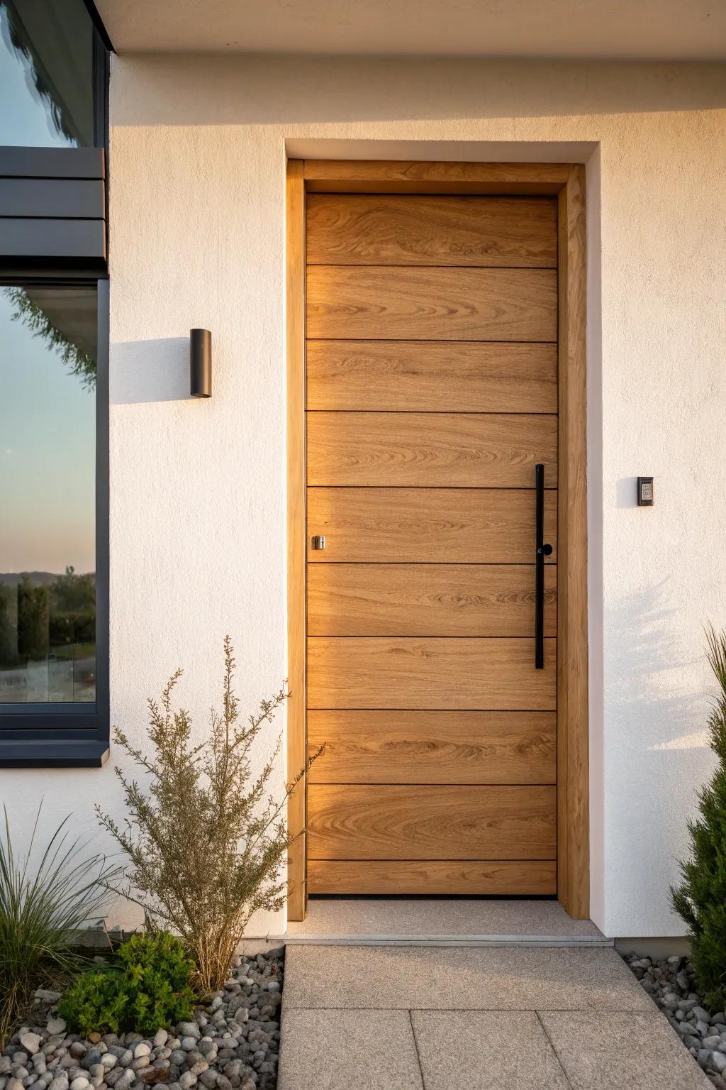 Modern horizontal plank statement door—wide, calm, and beautifully crafted in matte oak.