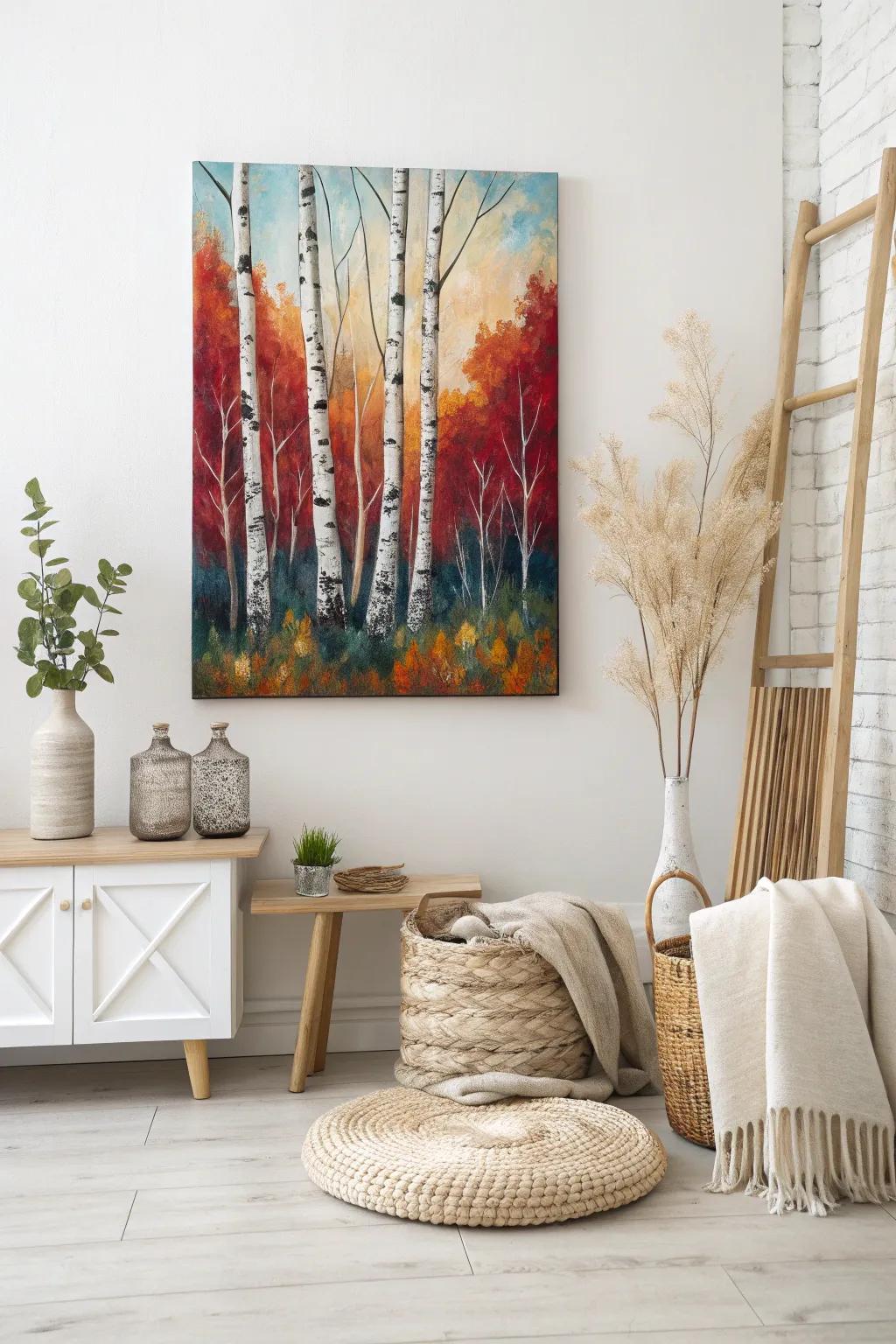 Embrace the beauty of nature with an abstract birch forest painting that adds a splash of color and creativity to your minimalist space.