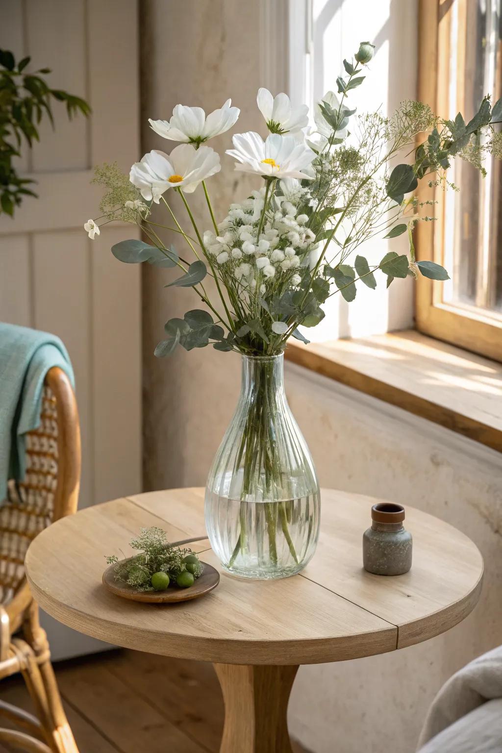 One statement glass vase with airy fresh blooms—classic, minimal, and perfect for bistro tables.