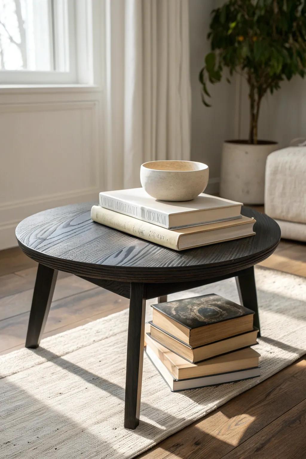 Use light coffee table books as risers to lift a bowl or candle on a black tabletop.