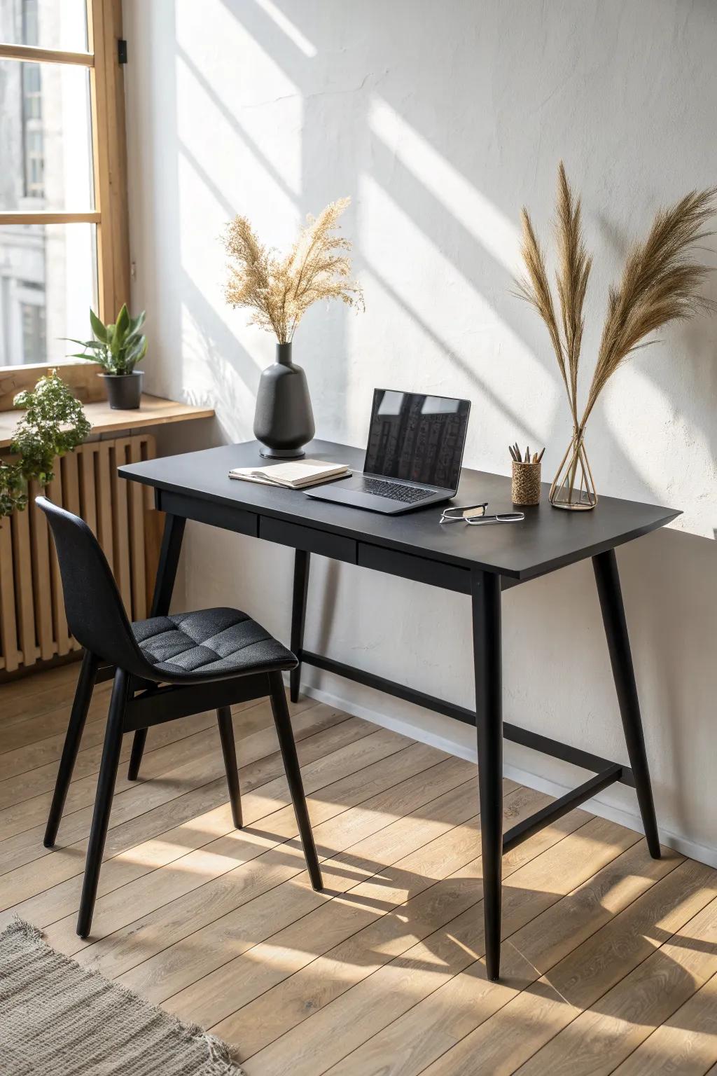Cable-free black desk magic: hidden tray + invisible cord routes for a floating, luxe look.