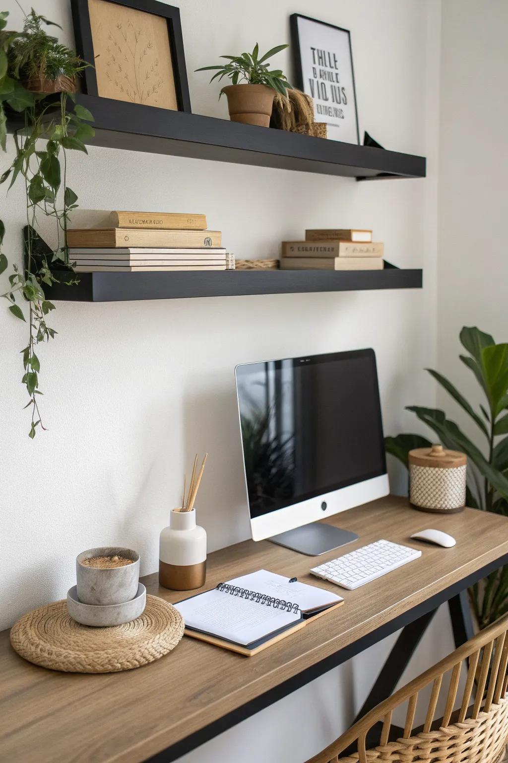 Matte black floating shelf above the desk—minimal styling for calm focus and contrast.