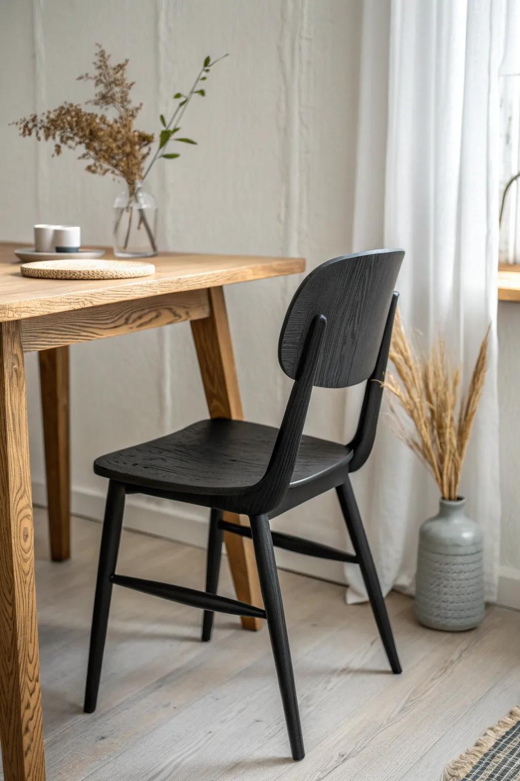 One matte black chair + warm wood grain—an effortless dining mix that always looks elevated.