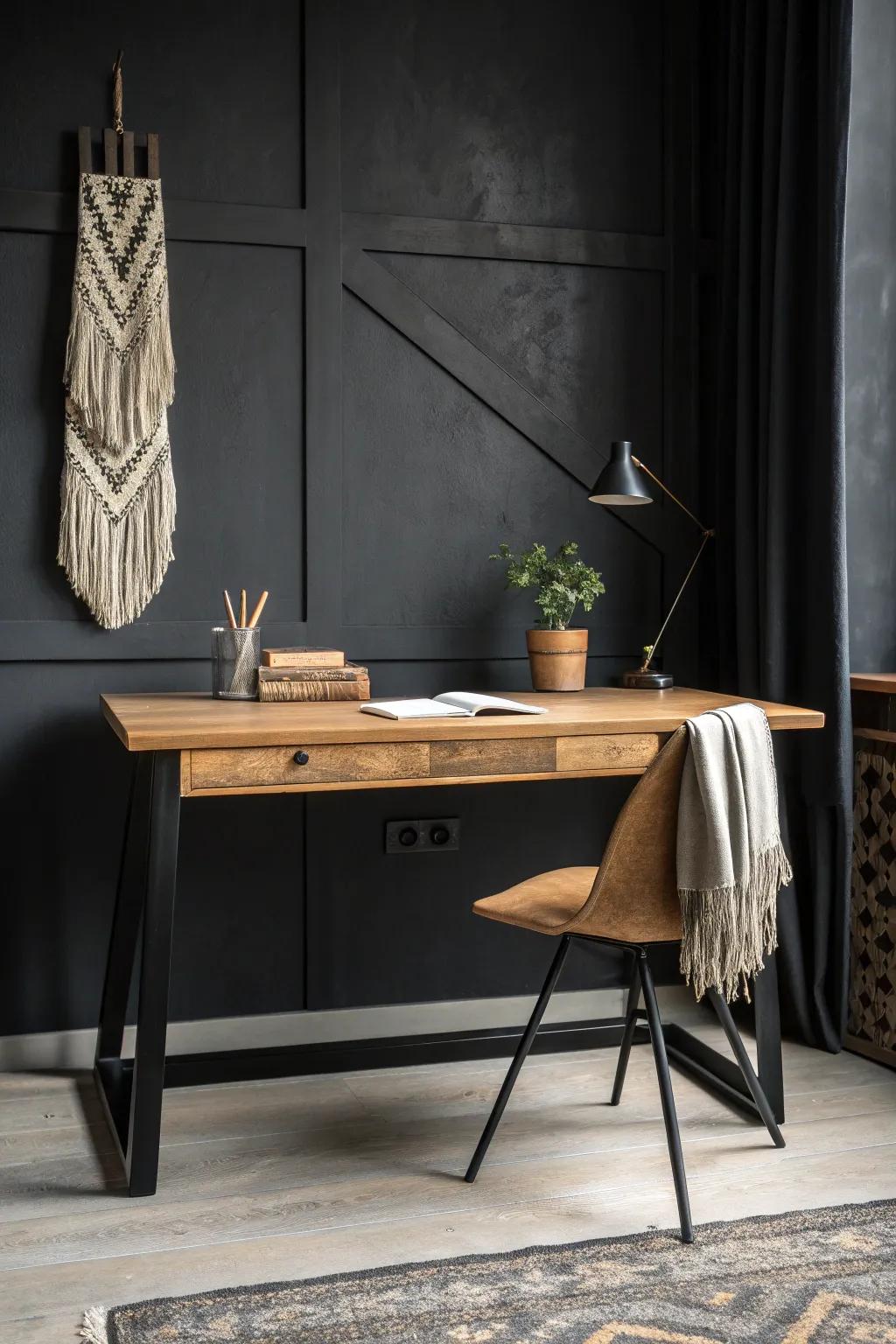 Pair a matte black base with a warm wood desktop—grainy texture that brightens black decor.