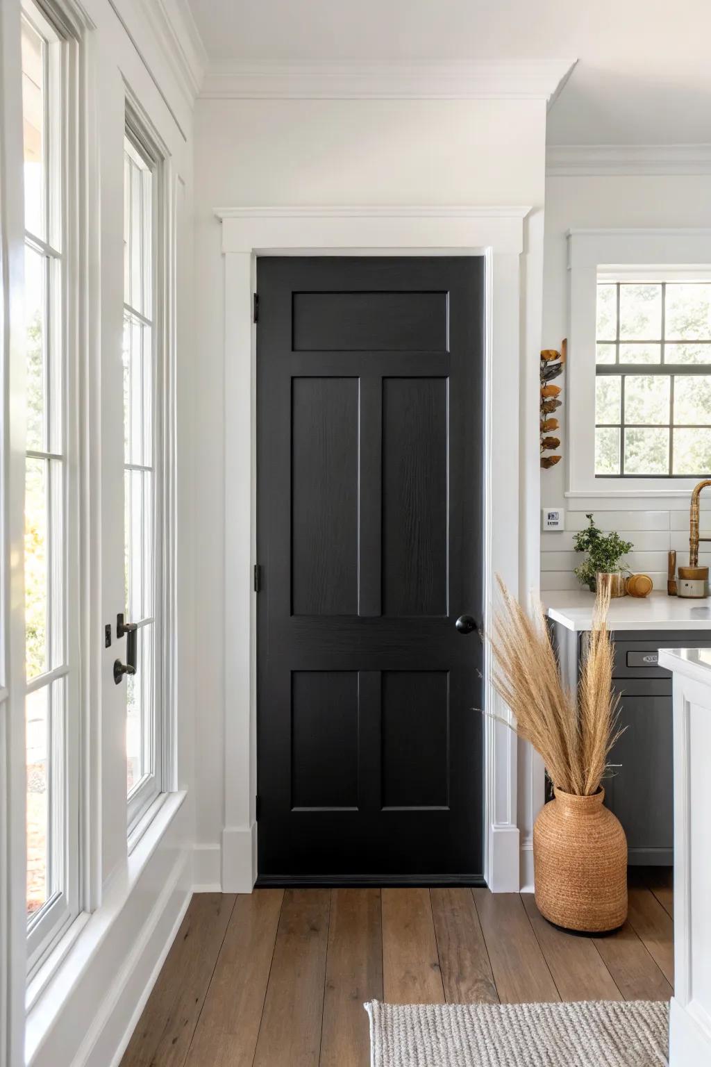 Matte black pantry door framed in bright white trim for crisp, airy contrast in a light kitchen.