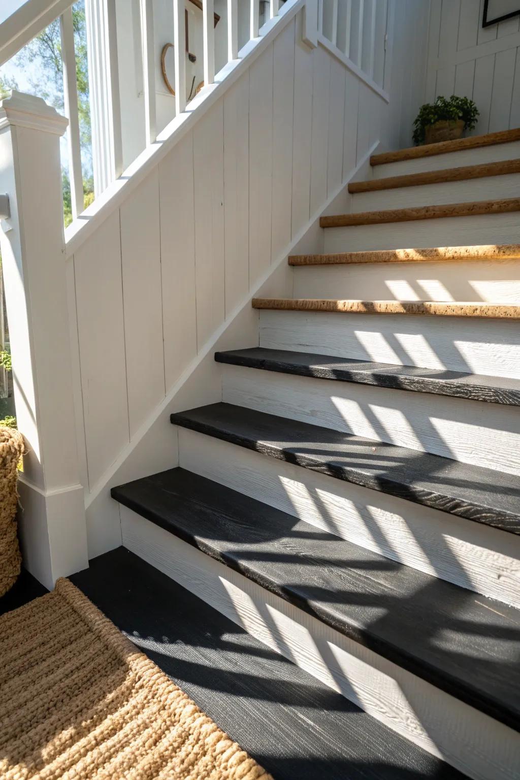 Matte black treads + crisp white risers—tailored contrast that stays bright and hides scuffs.