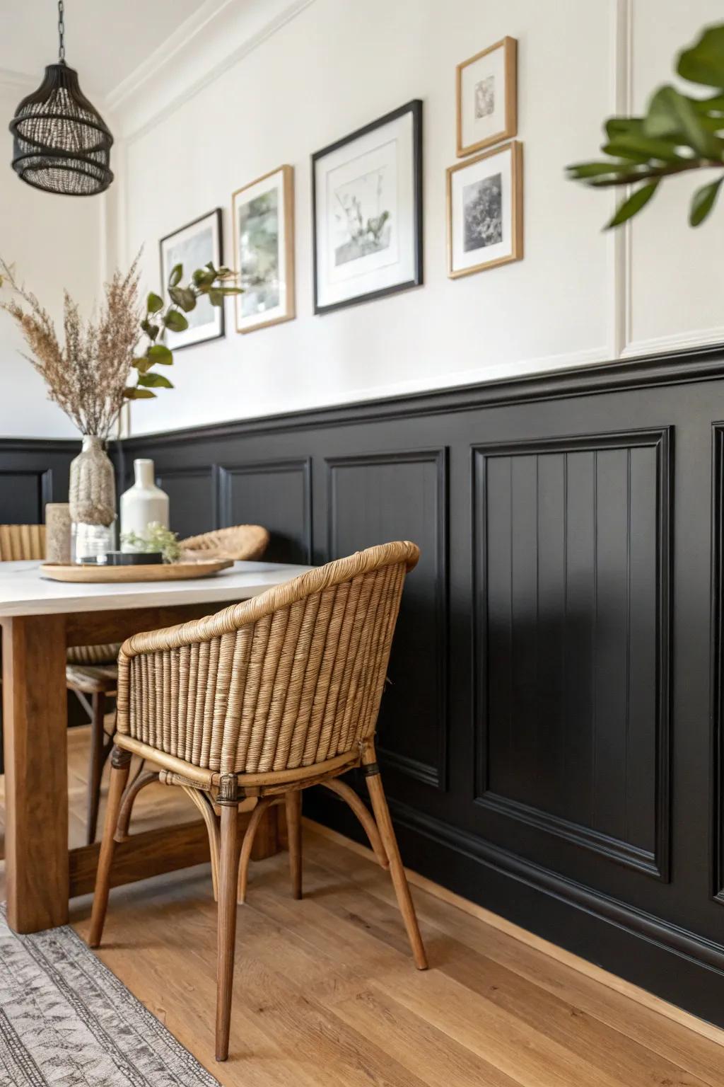 Raised-panel black wainscoting adds dining-room drama while simple white walls keep it airy.