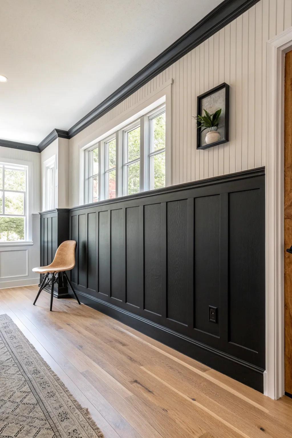 Half-height black wainscoting brings drama below, while light walls keep the room airy.