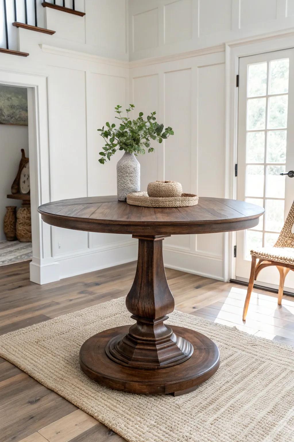 Round black walnut pedestal table—cozy, space-friendly, and beautifully handcrafted.