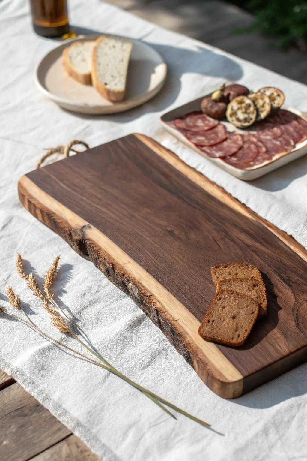 Live-edge black walnut charcuterie board—sapwood border, warm grain, minimalist boho charm.