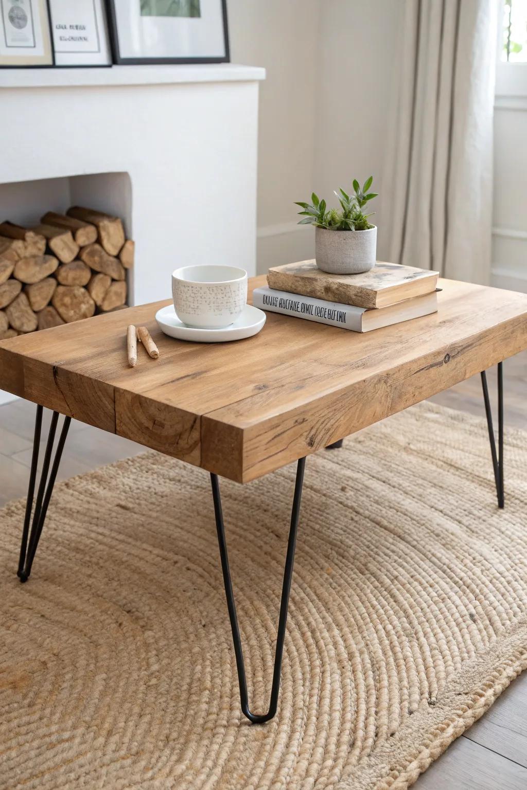 Chunky oak coffee table with black metal legs, styled with crisp white ceramics for calm contrast.