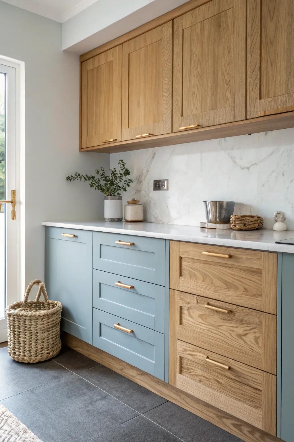 Blue lower cabinets grounded by warm oak uppers—clean, airy contrast with handcrafted charm.