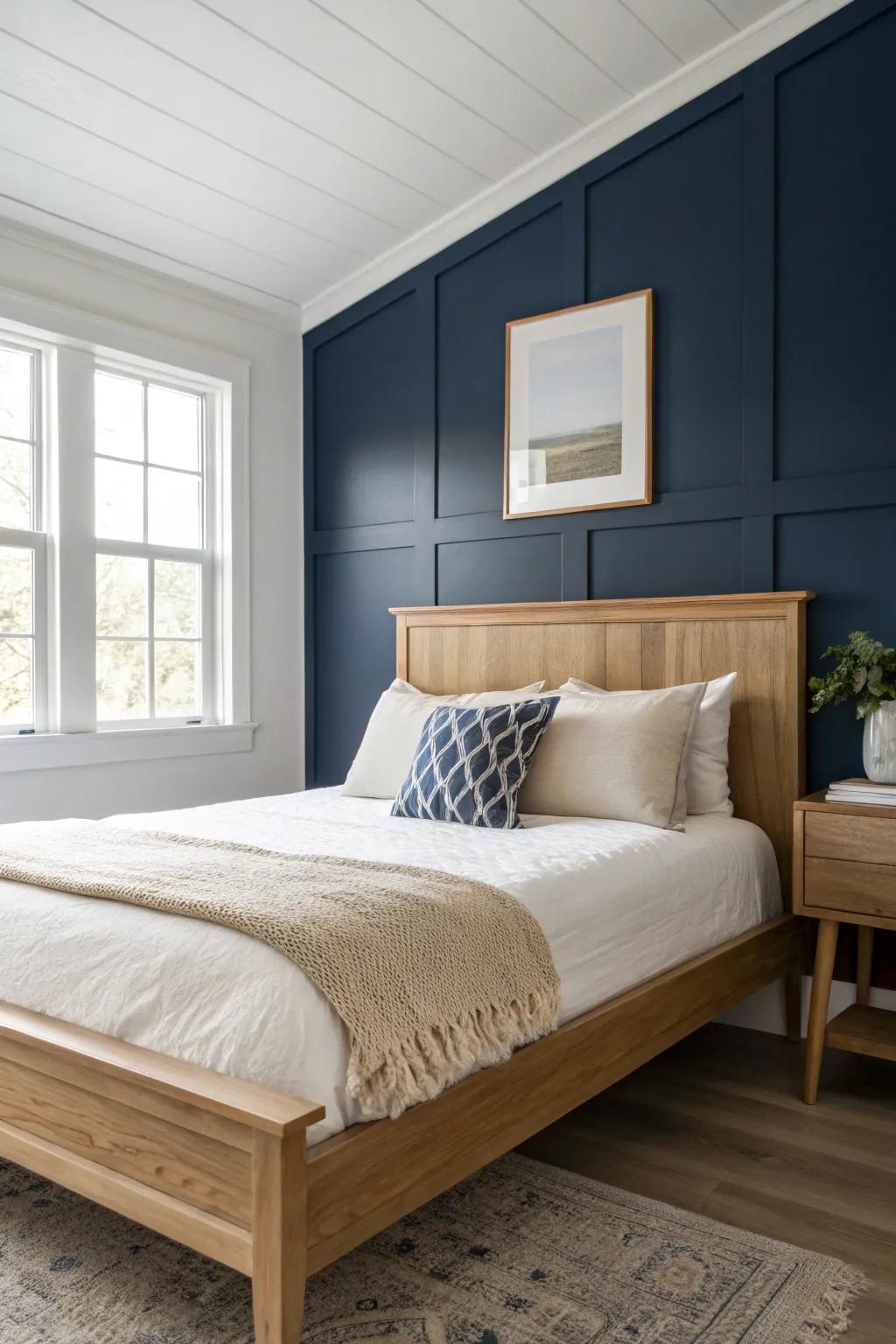 Navy wall + crisp white trim frames a light oak bed—airy linens keep the look bright and calm.