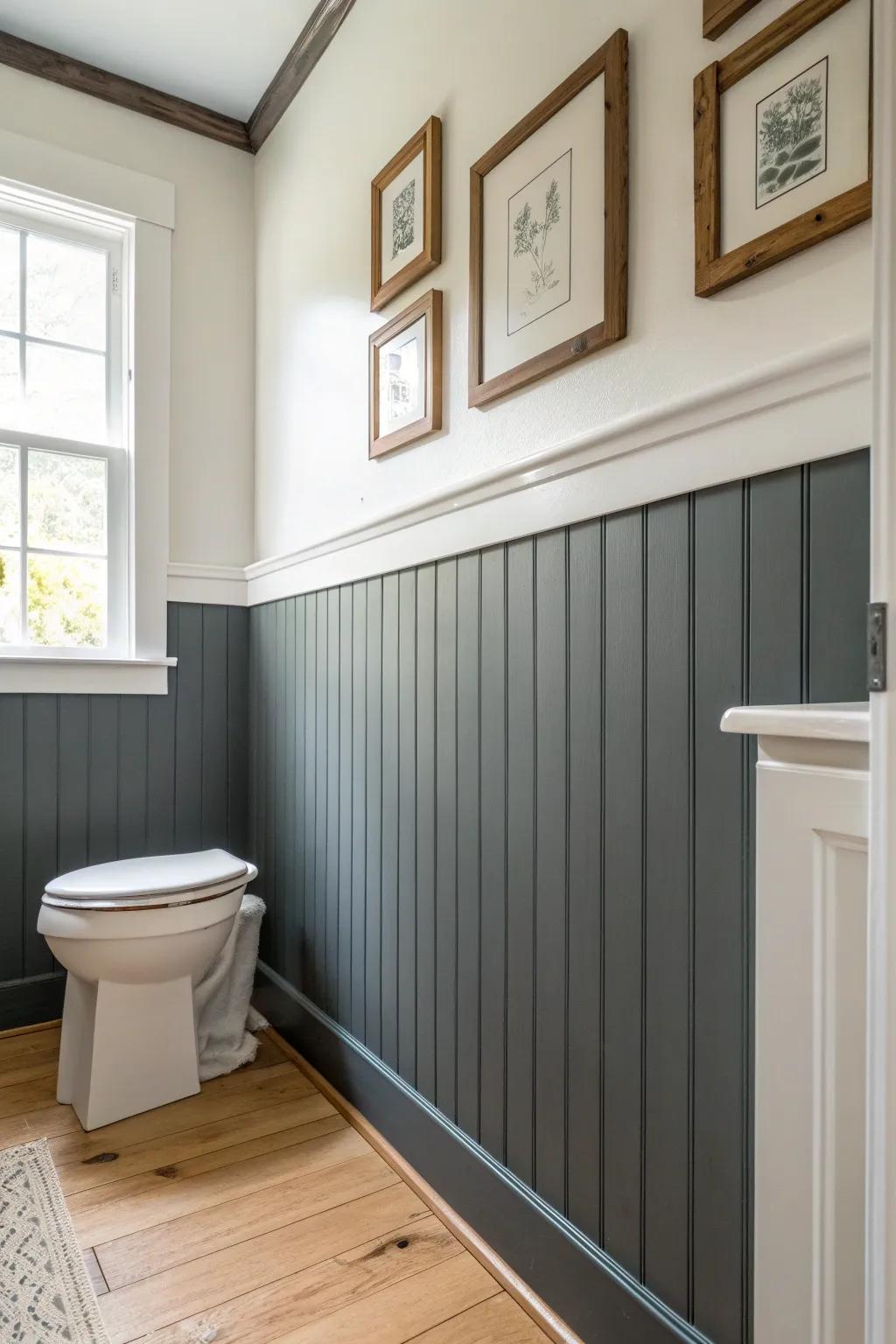 Two-tone board & batten: dark lower panels hide scuffs, bright upper walls keep it airy.