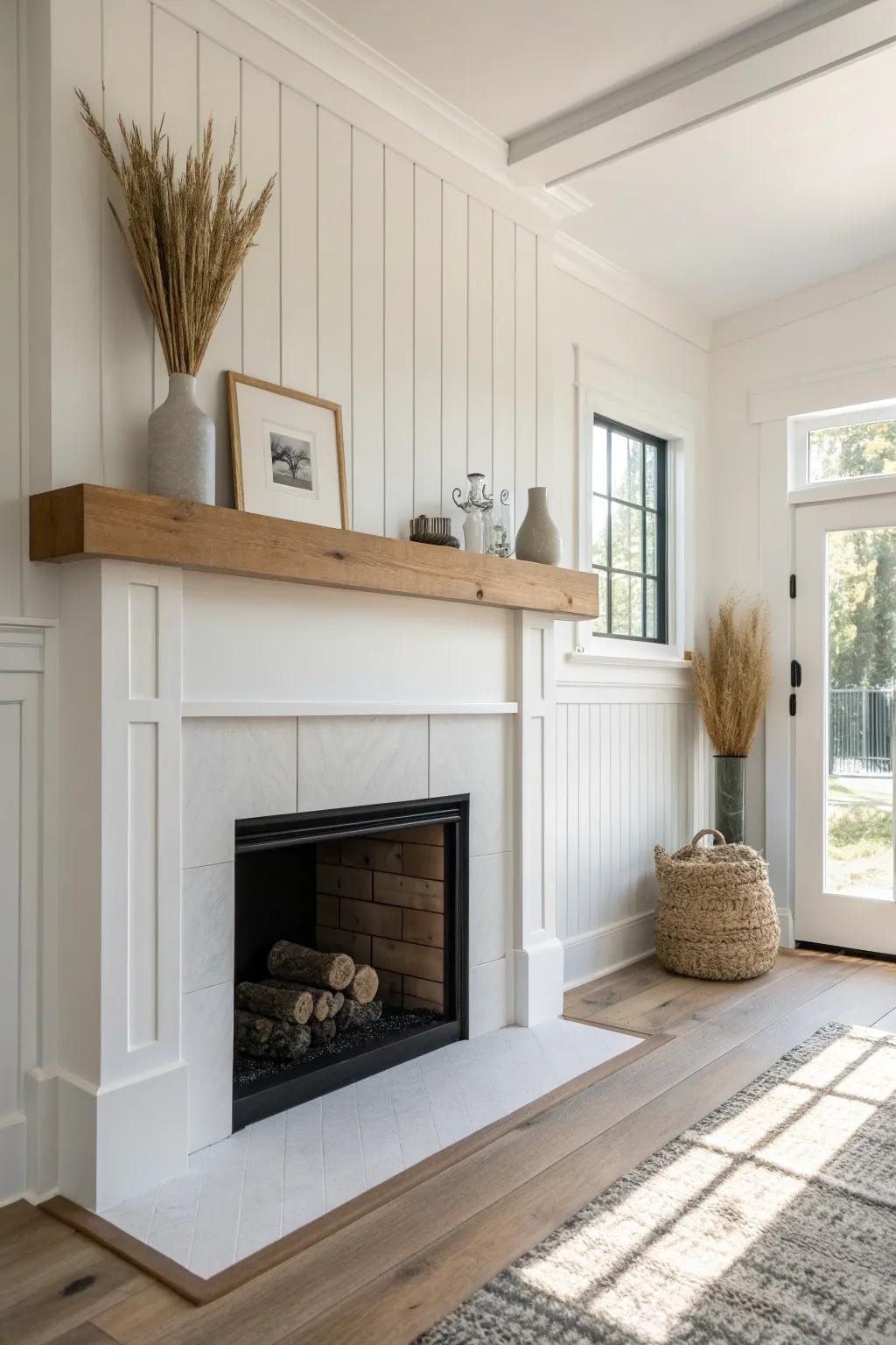 Simple board-and-batten bump-out fireplace with an oak mantel for instant depth and warmth.
