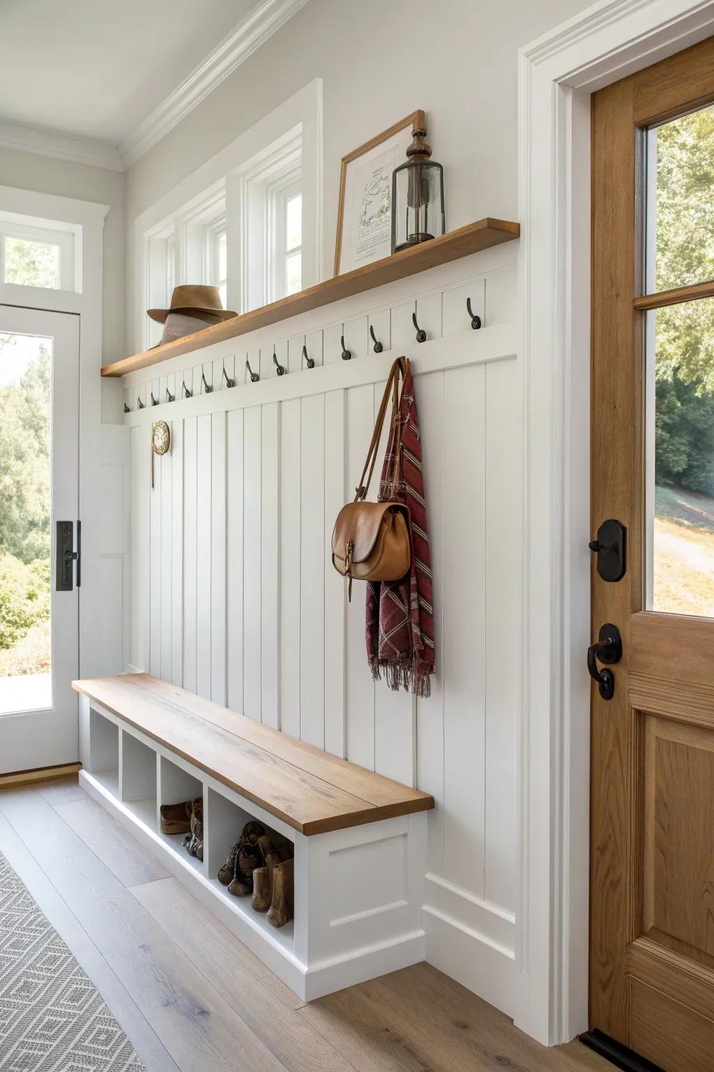 Board-and-batten entryway drop-zone with a slim oak ledge for keys and mail—clean and calm.