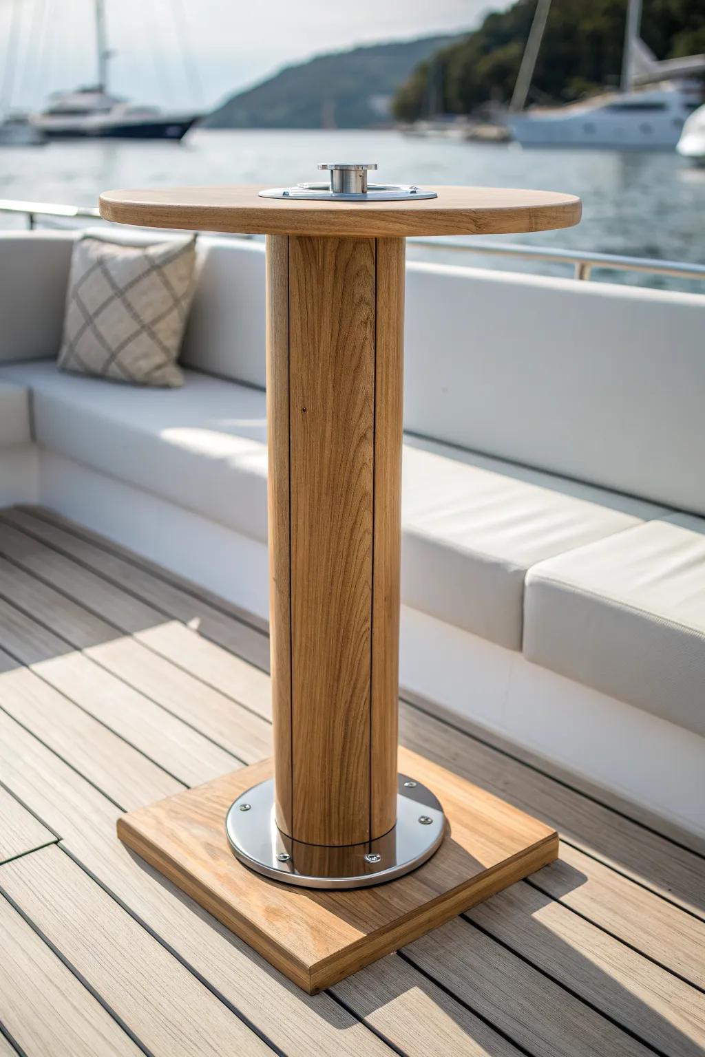 Lift-out pedestal with flush deck socket—instant open deck, warm oak, clean minimal style.