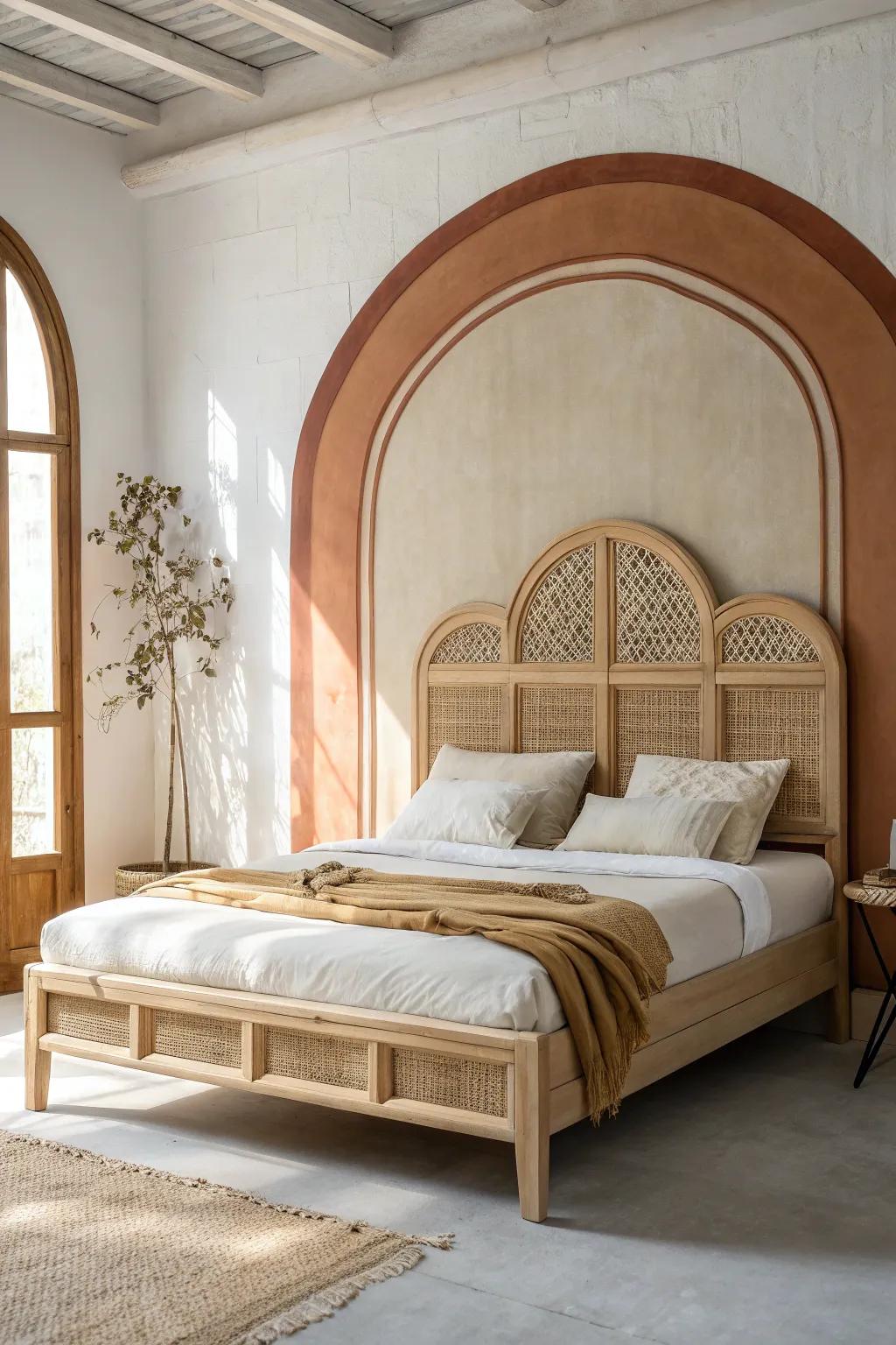 A painted terracotta arch behind a light oak bed for an instant soft boho accent wall.