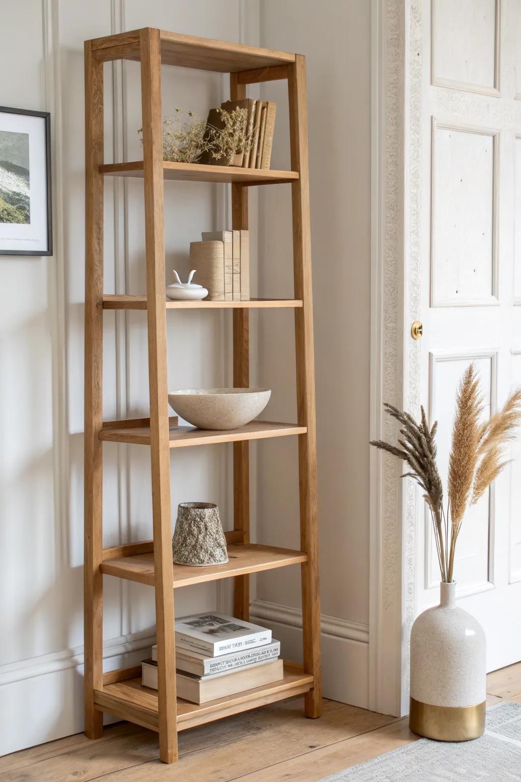 Light wood open etagere styling: books, ceramics, and thrifted boho finds in calm tones.