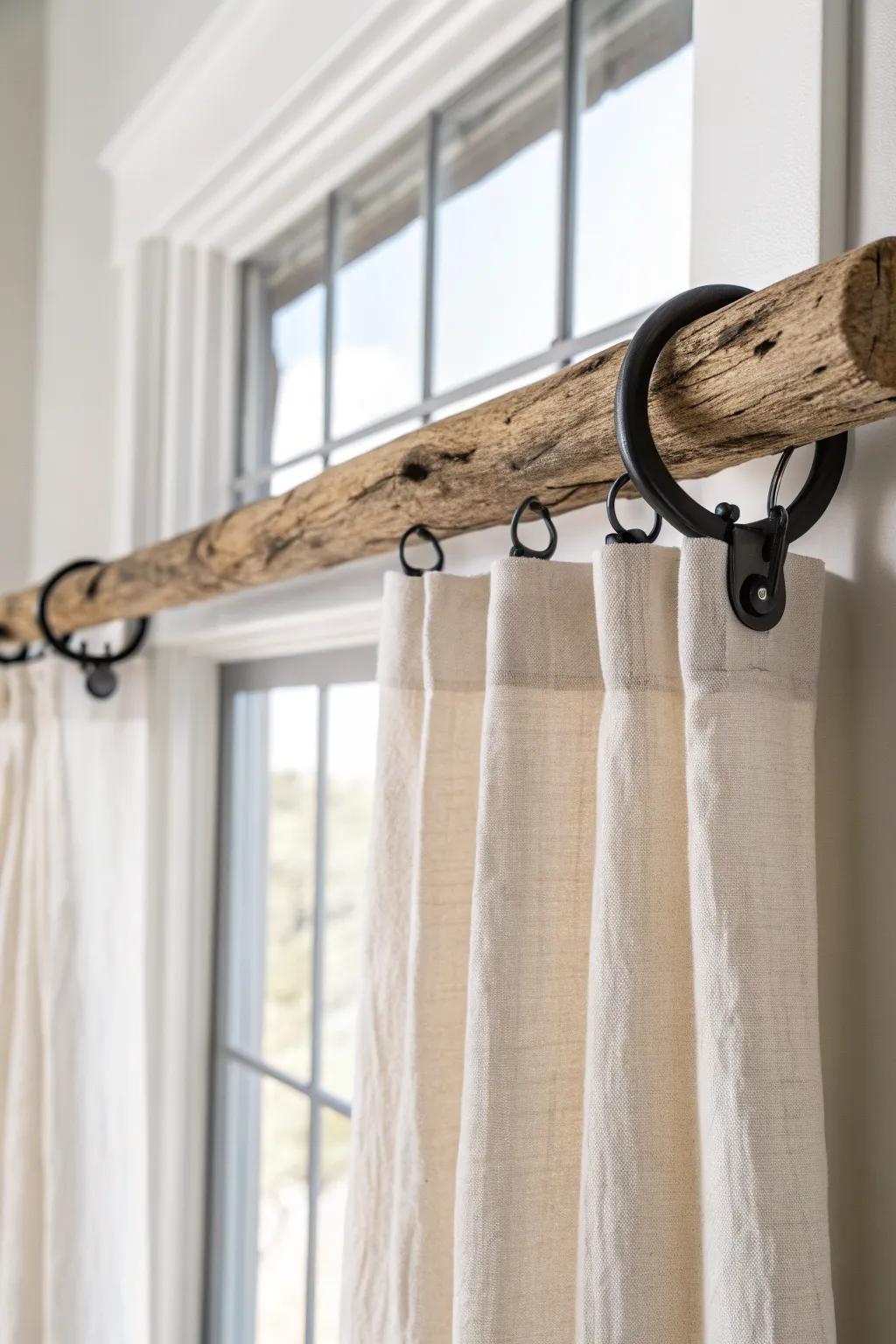 Sun-bleached driftwood on rustic hooks—an effortless boho curtain rod with coastal texture.