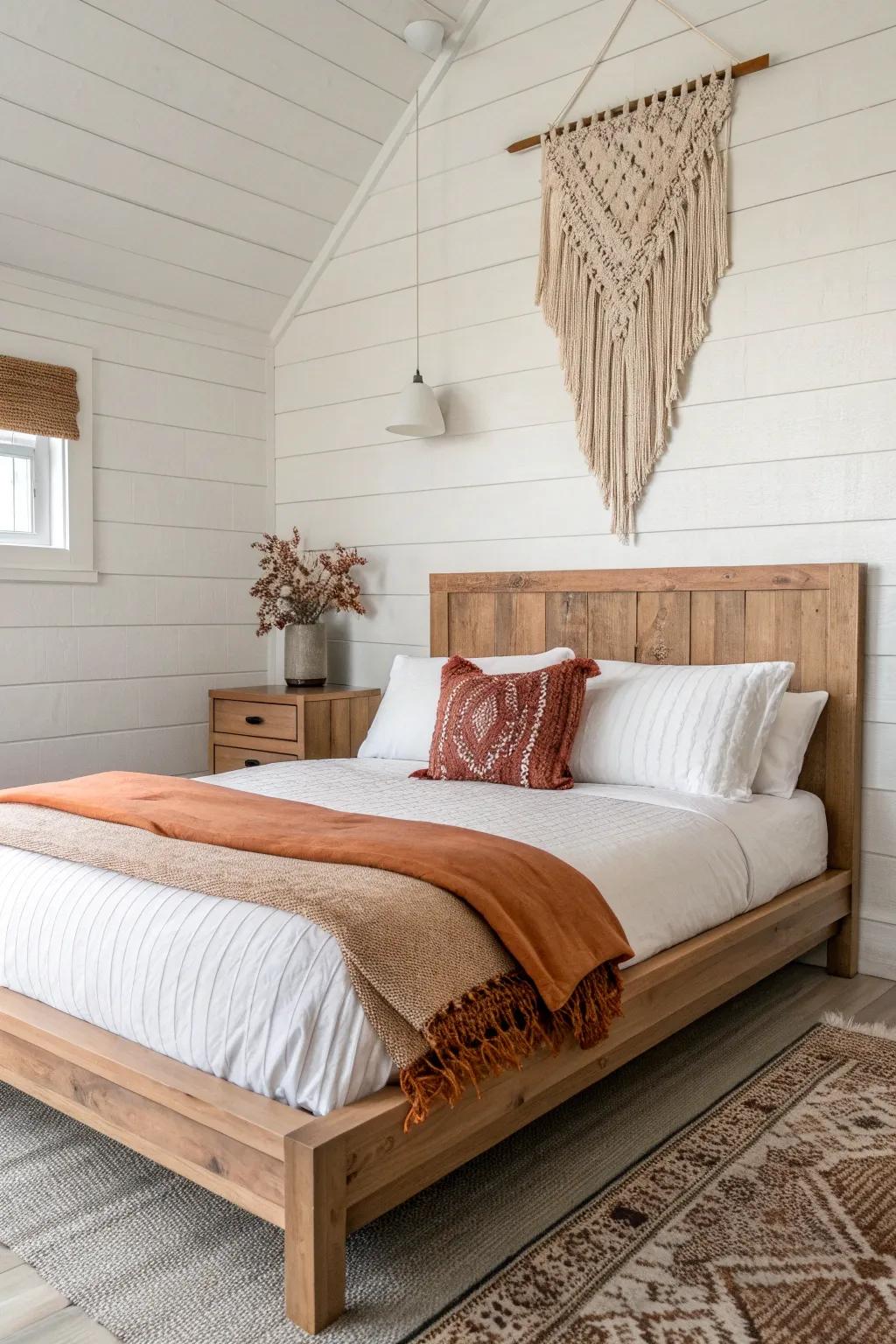 White shiplap behind a warm oak bed—minimal boho textures for a cozy farmhouse bedroom.