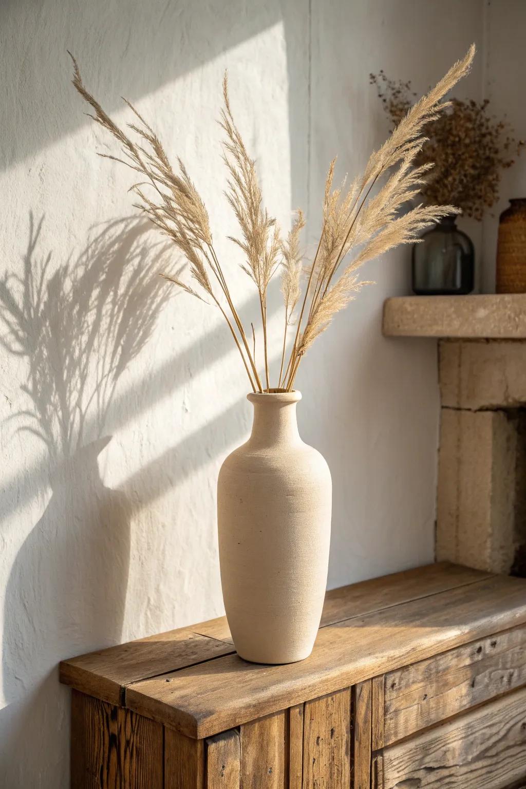 Neutral vase with pampas and wheat on a chunky oak mantel—simple, airy boho elegance.