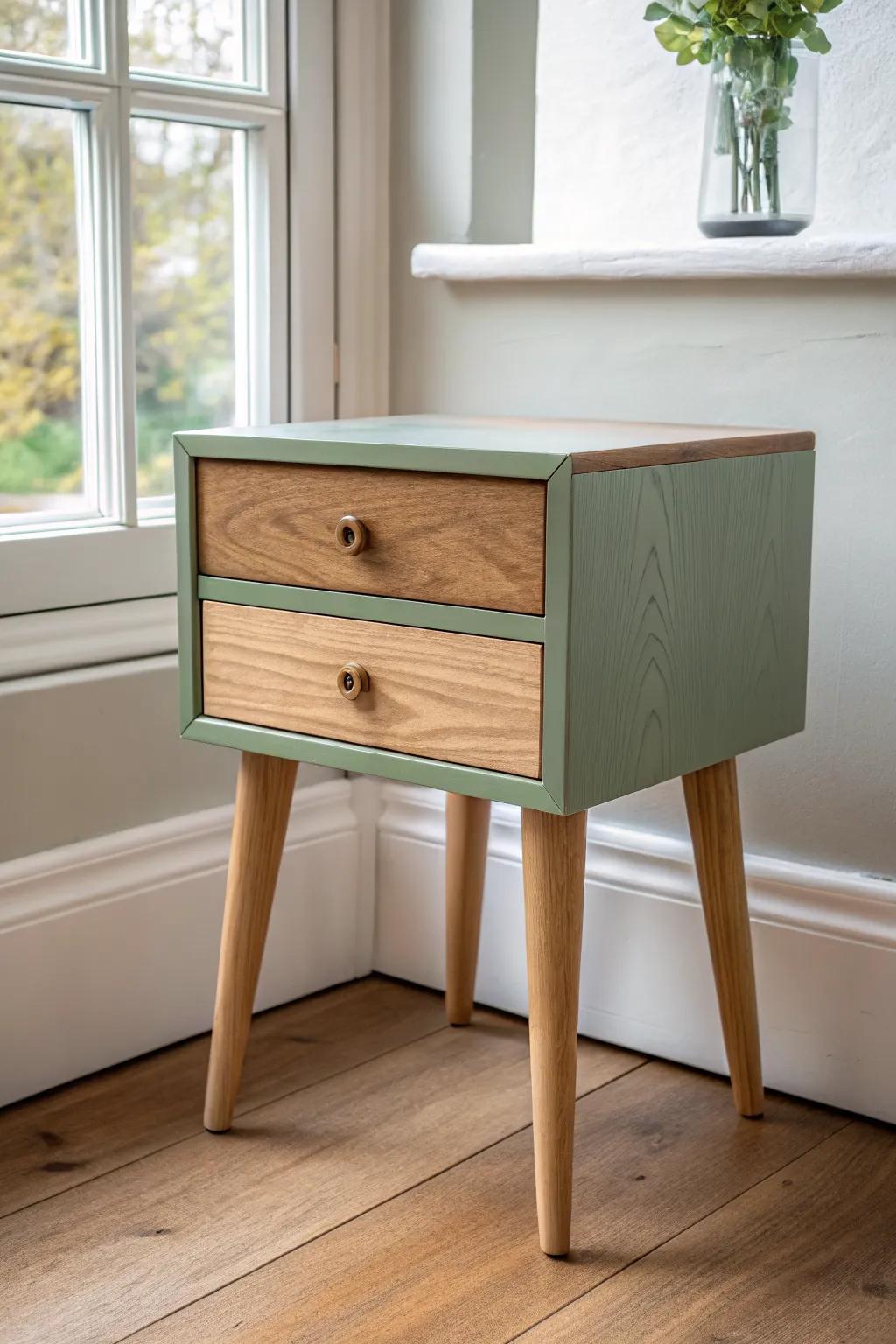 Muted sage base + natural oak drawer: a relaxed two-tone boho nightstand with clean lines.