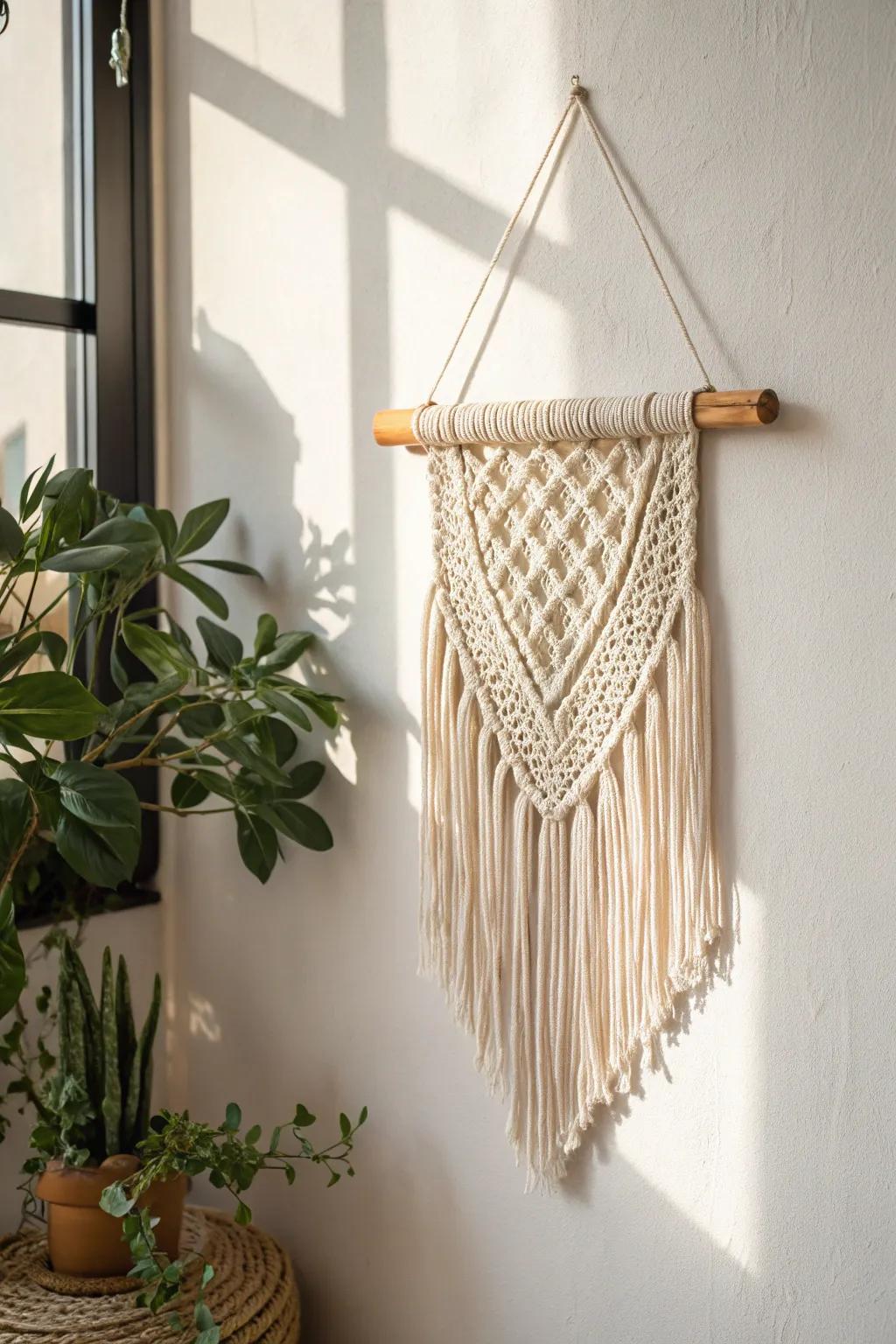 Soft boho texture: handmade macramé on a sanded oak dowel for warm minimalist charm.