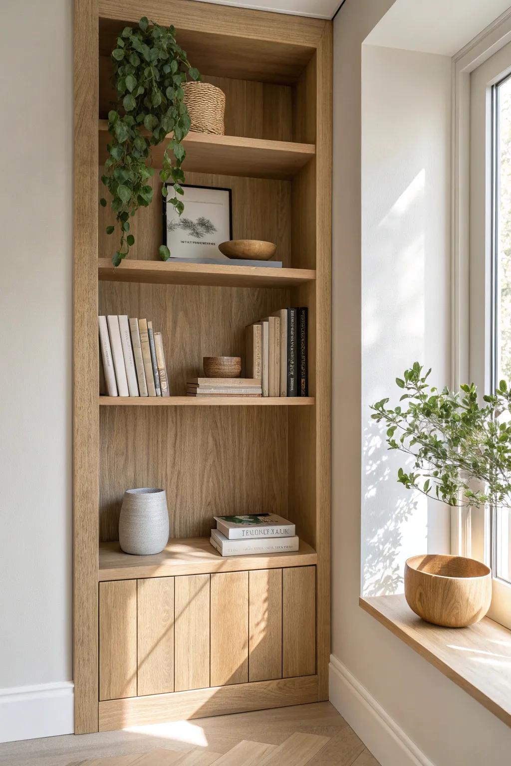A built-in book nook: face-out favorite, soft greenery, and a hand-turned wood bowl.