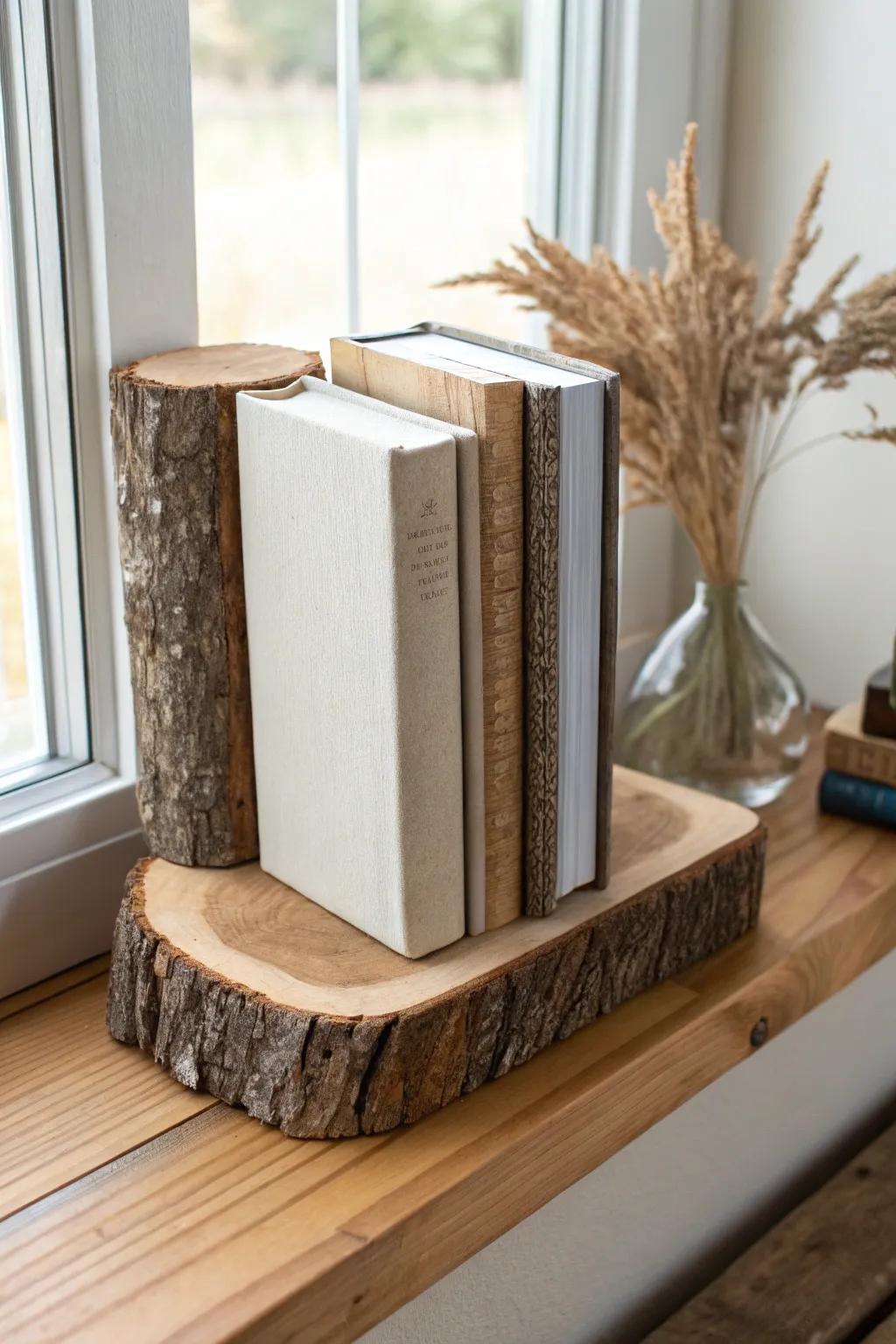 Live-edge slab bookends: warm wood grain, sturdy bases, and a calm Scandinavian shelf vibe.