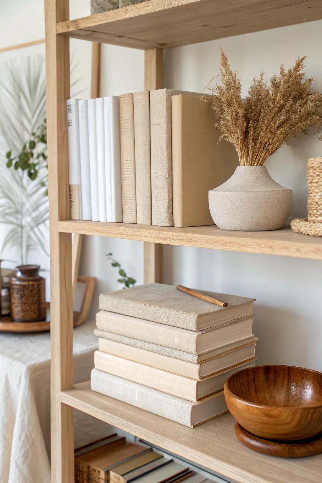 Mix vertical and stacked books for instant balance—top the stack with a handmade wooden bowl.