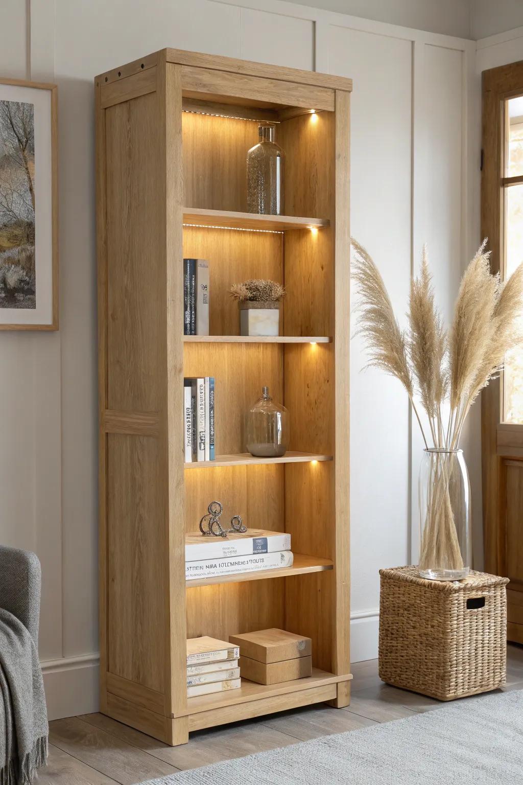 Hidden LED backlighting gives oak shelves a luxe glow—perfect for glass, vases, and airy space.