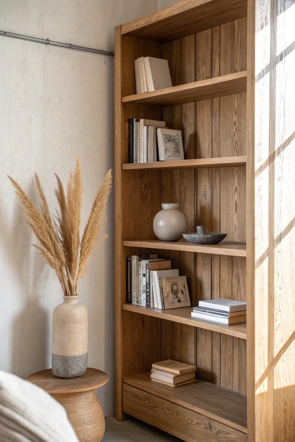 Let the wood shine—leave calm pockets of negative space for an effortlessly curated shelf.