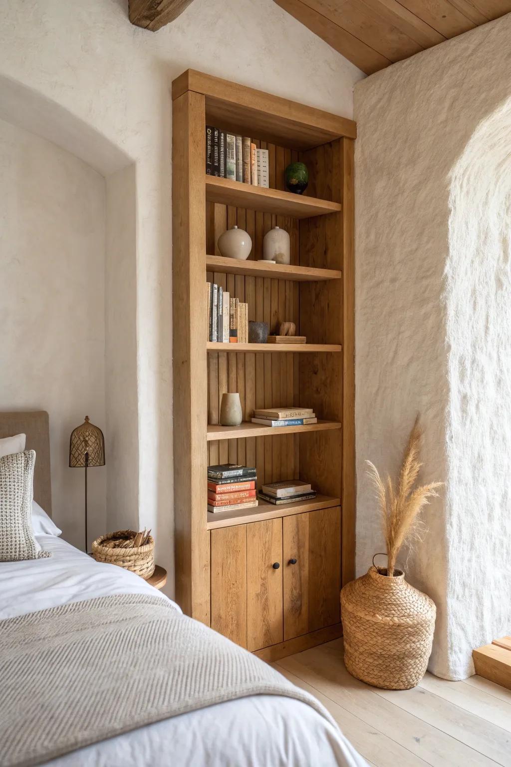 Turn awkward bedroom nooks into tidy, built-in alcove shelves with warm wood and calm styling.
