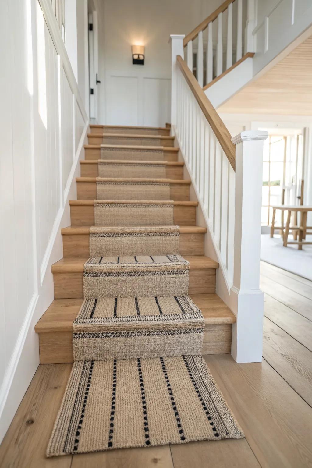 Statement runner rug at the stair base—textured, grounding, and effortlessly Scandinavian-boho.
