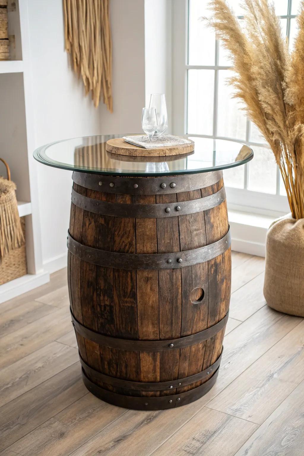A minimalist bourbon barrel pub table—glass top, rich oak curves, and warm whiskey character.