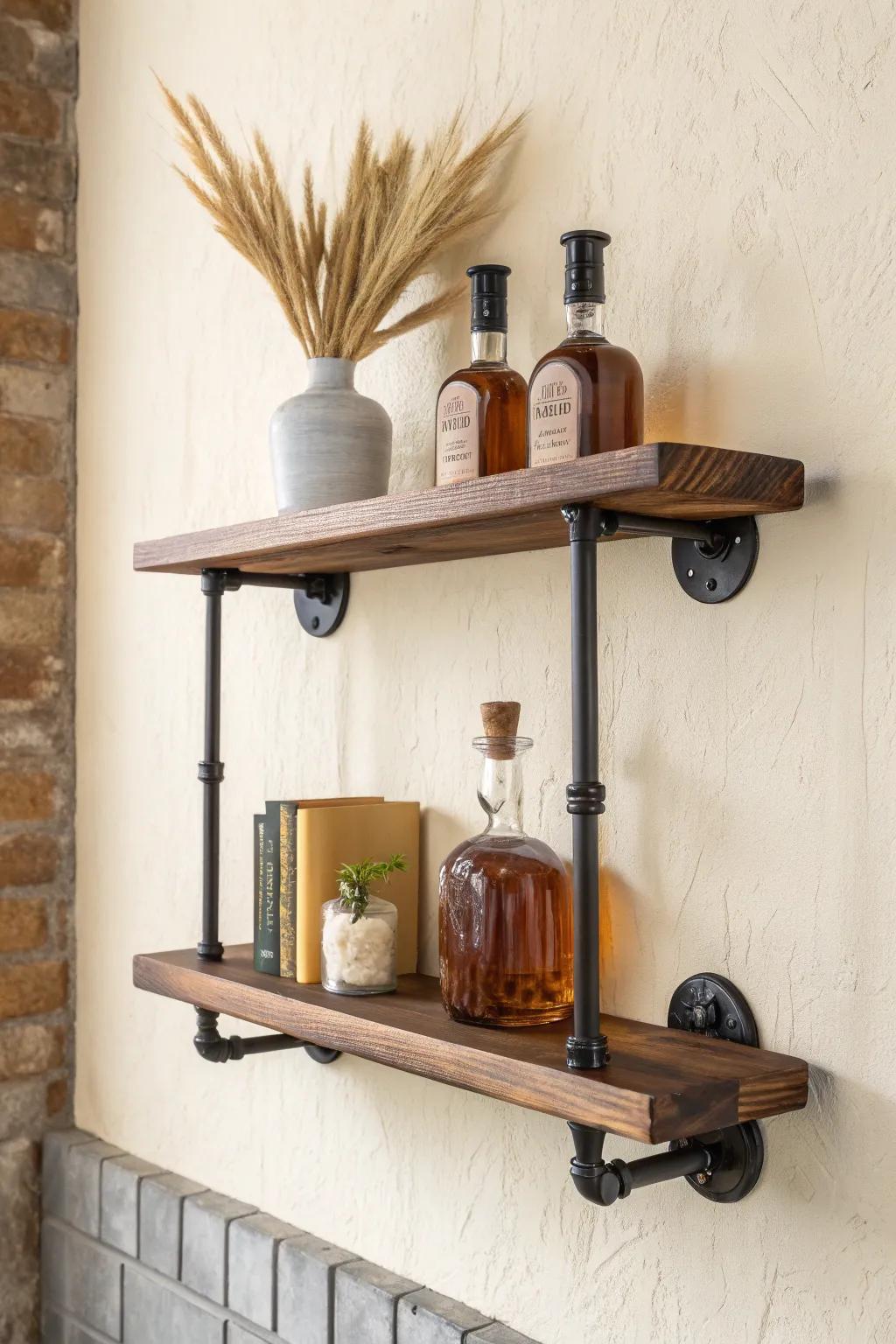 Dark walnut + black pipe brackets for a sleek industrial bourbon shelf with warm, minimal styling.