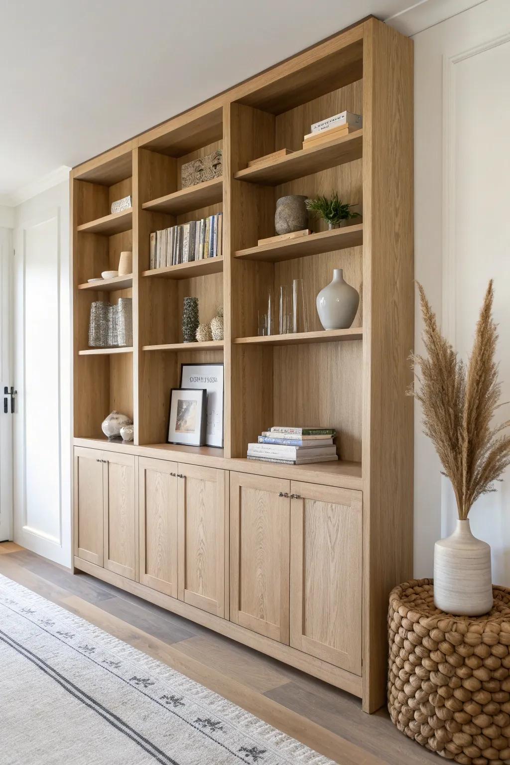 Floor-to-ceiling oak built-ins with deep lower shelves for a curated boutique-wall vibe.