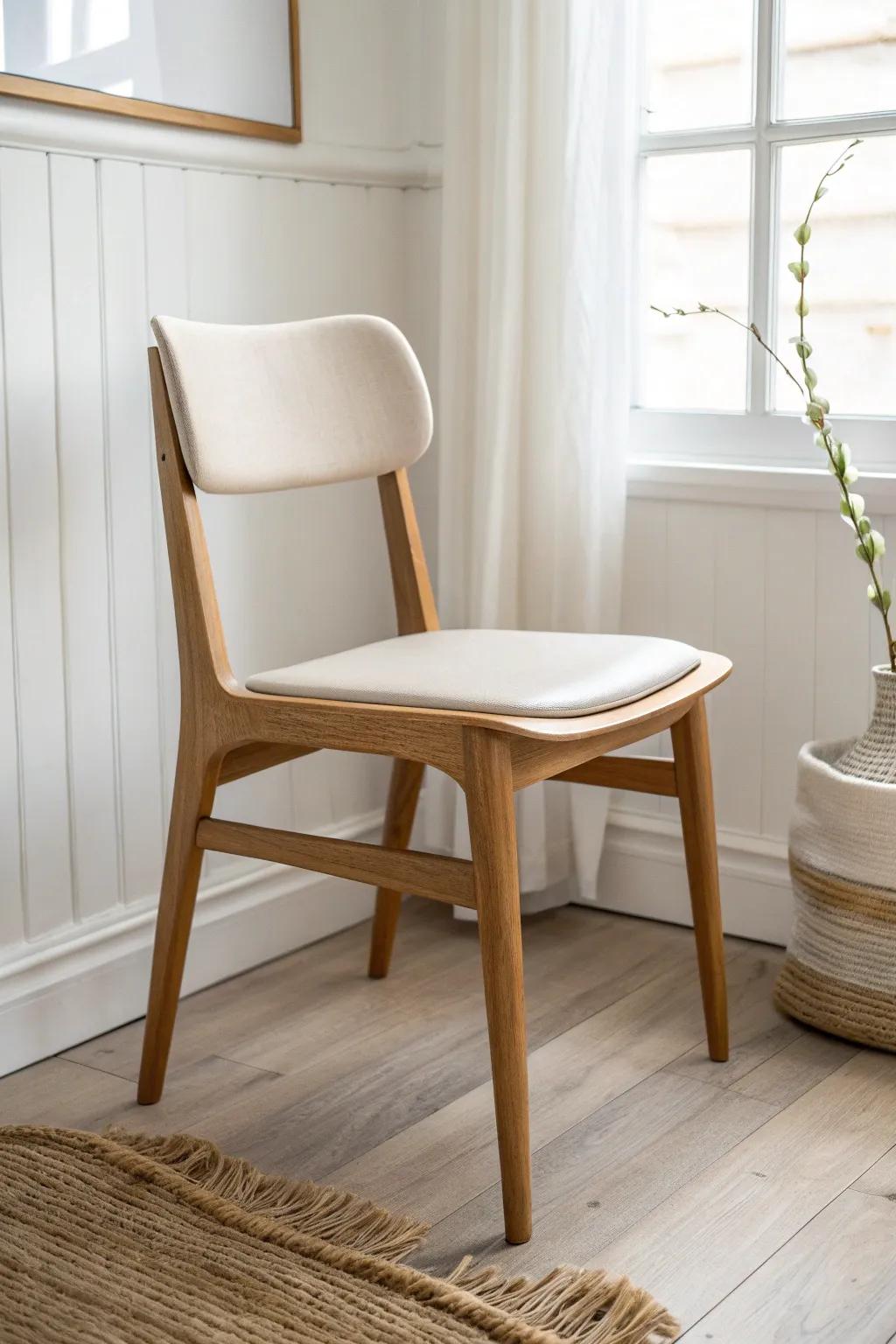 One-swipe clean: a chic oak chair with a soft vinyl seat made for messy break rooms.