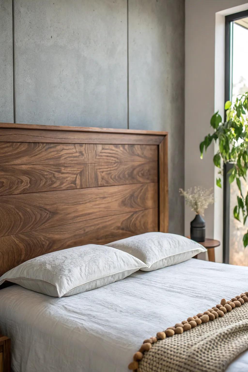 Greige walls make a rich brown wood headboard feel crisp, modern, and effortlessly serene.