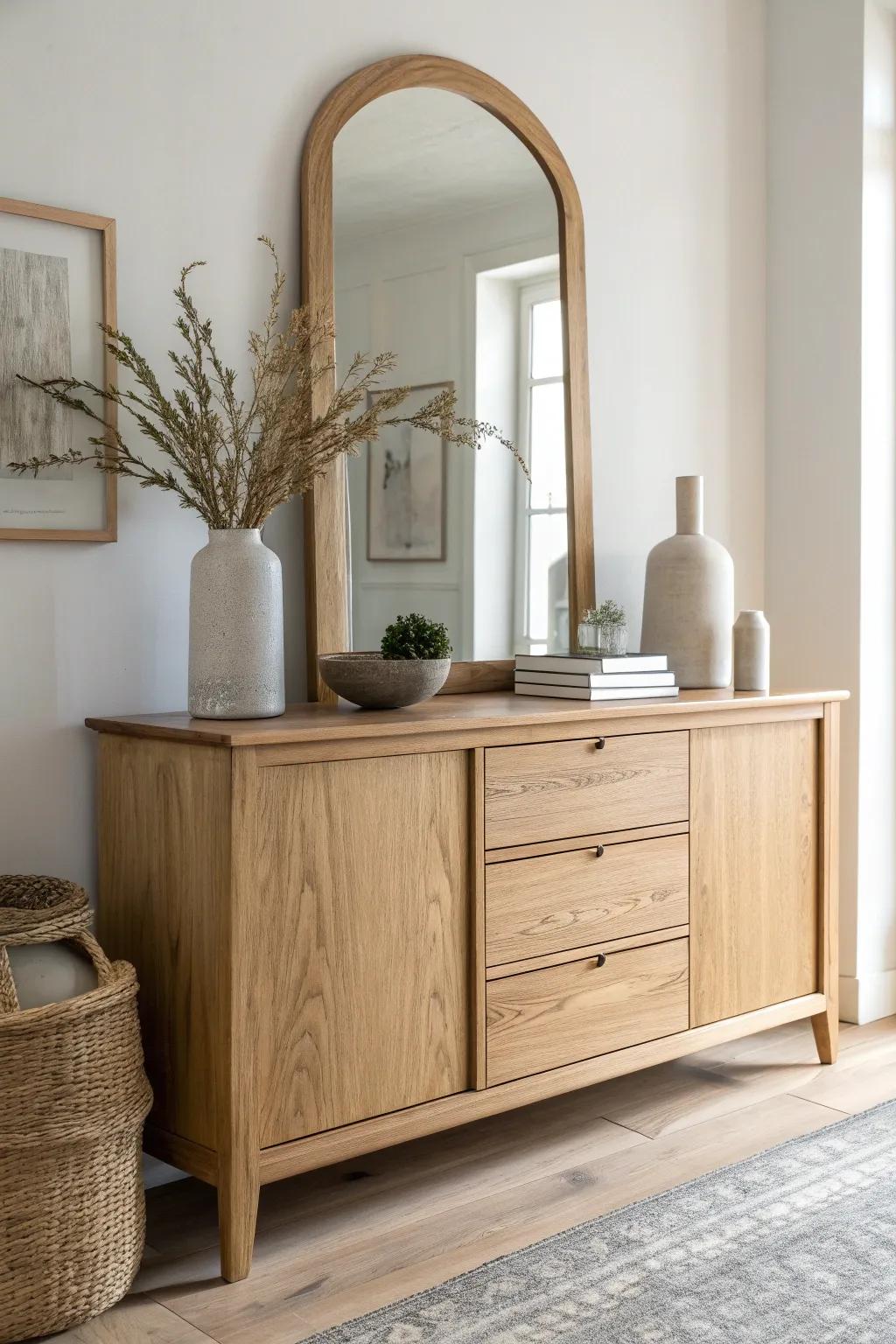 Triangle layout made easy: tall center piece, medium flanks, and low accents for a calm buffet top.