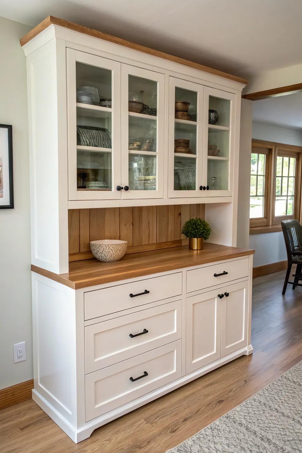 Built-in china cabinet with a warm wood countertop break—your effortless buffet landing zone.