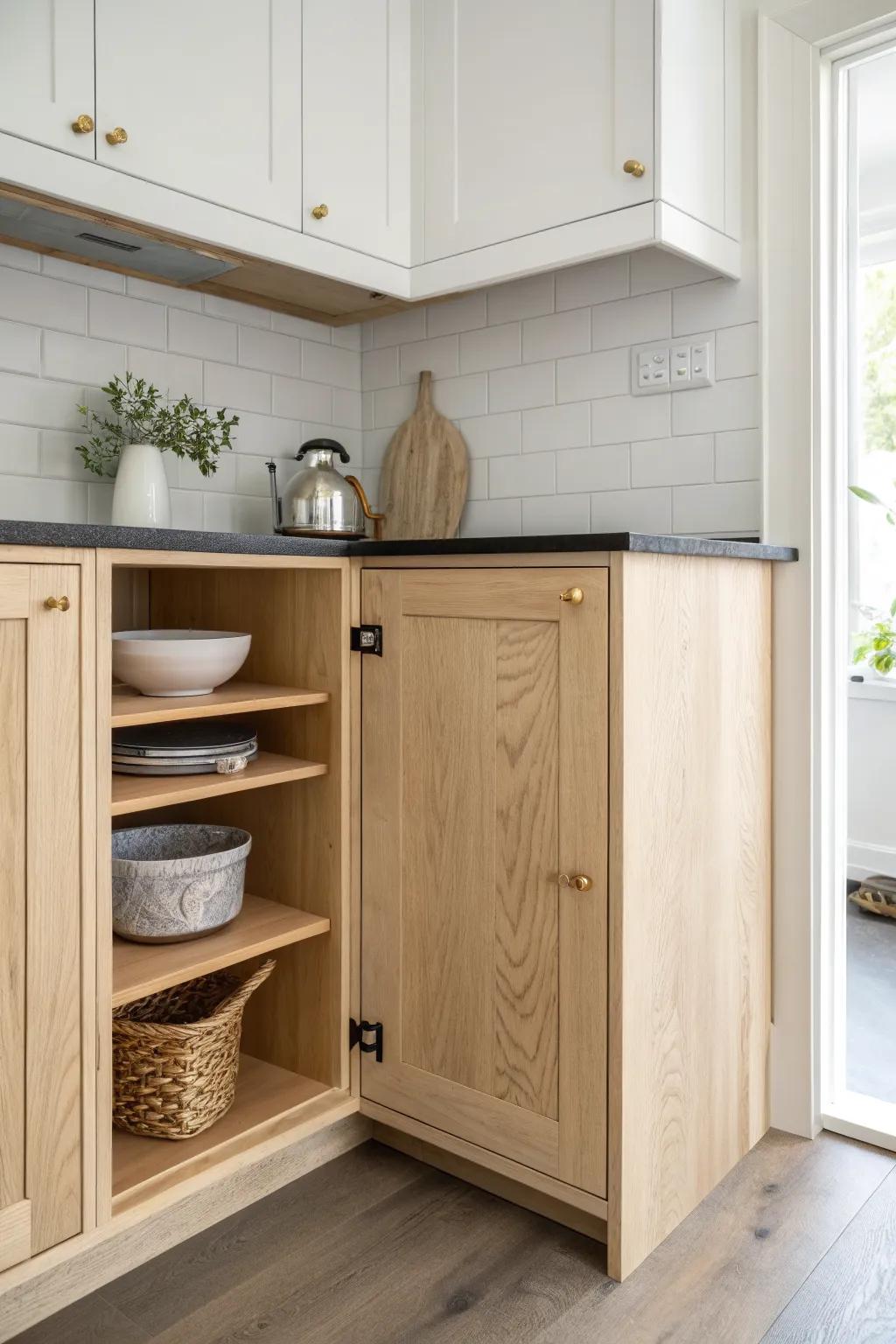 Diagonal corner base cabinet in light oak—big, simple storage for pots, bowls & appliances.