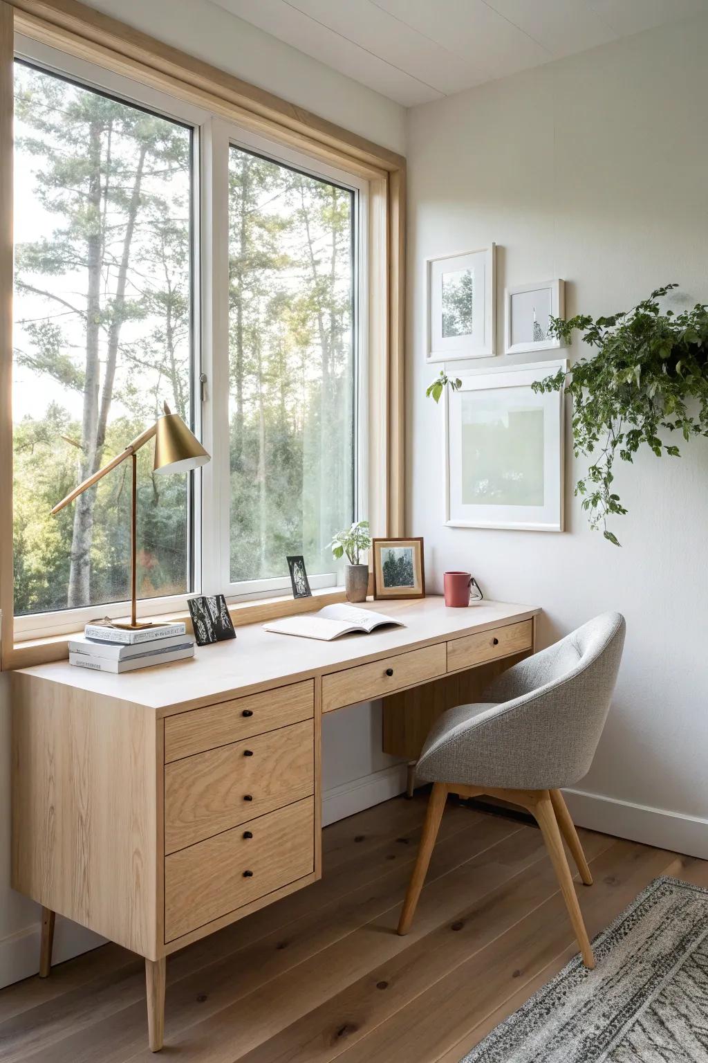 Sunlit built-in corner desk with slim drawers—minimal, warm birch, and made for daily focus.